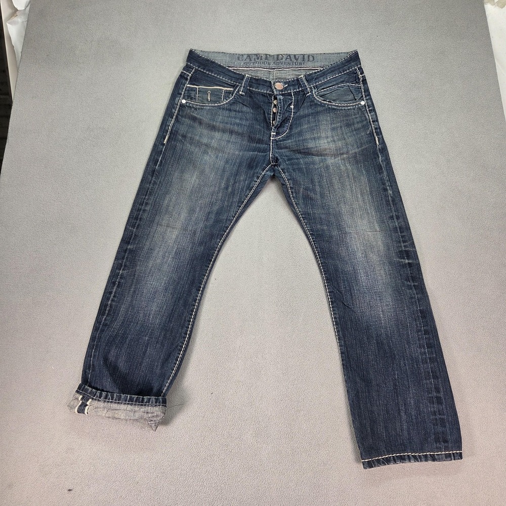 Selvedge Jeans Mens Low Rise Bootcut Button Fly Dark Wash Whiskers Fits 32x28‎